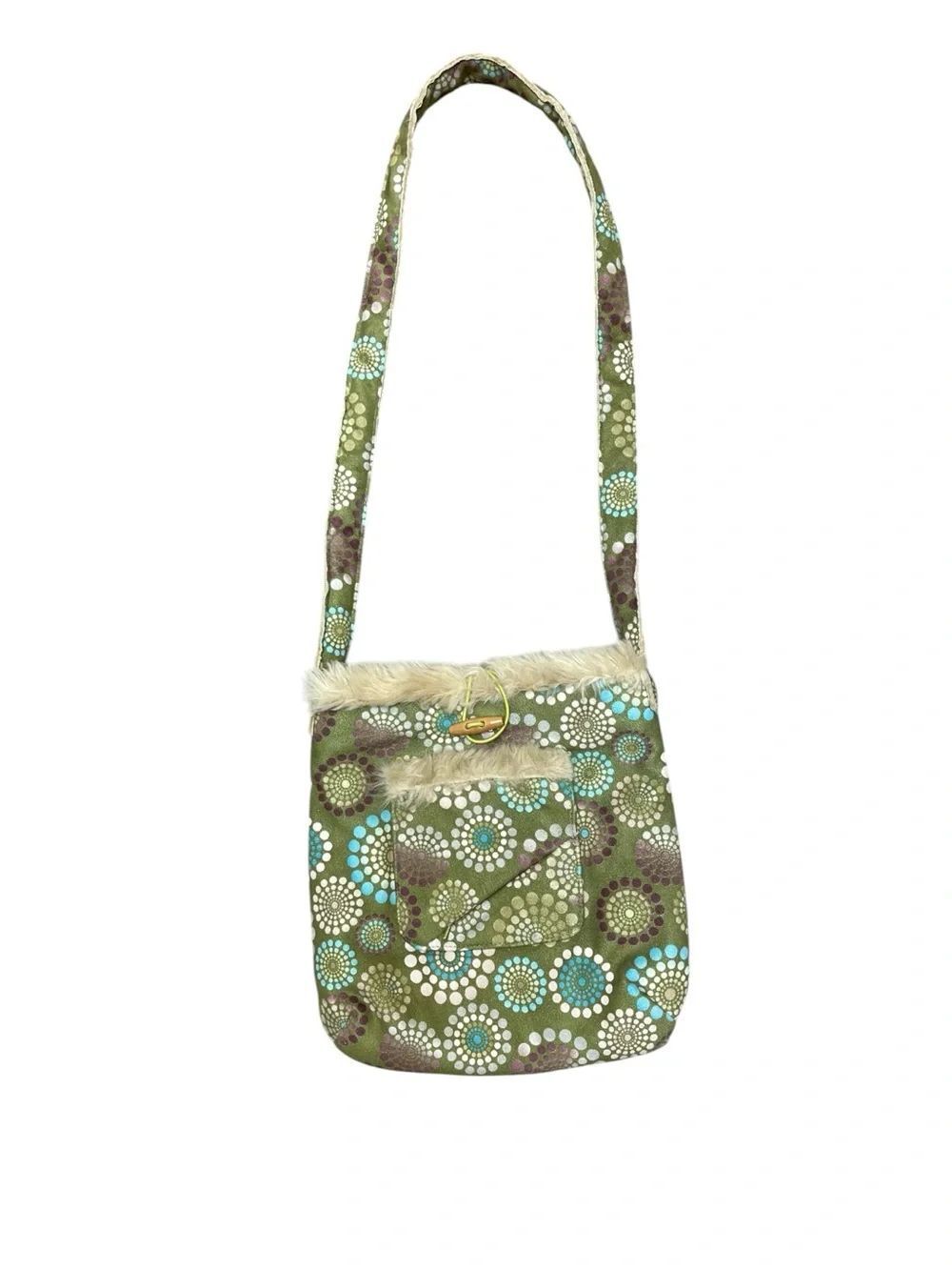 Athleta Faux Fur Trim Crossbody Bag Green Floral Dot Print Boho Festival Purse